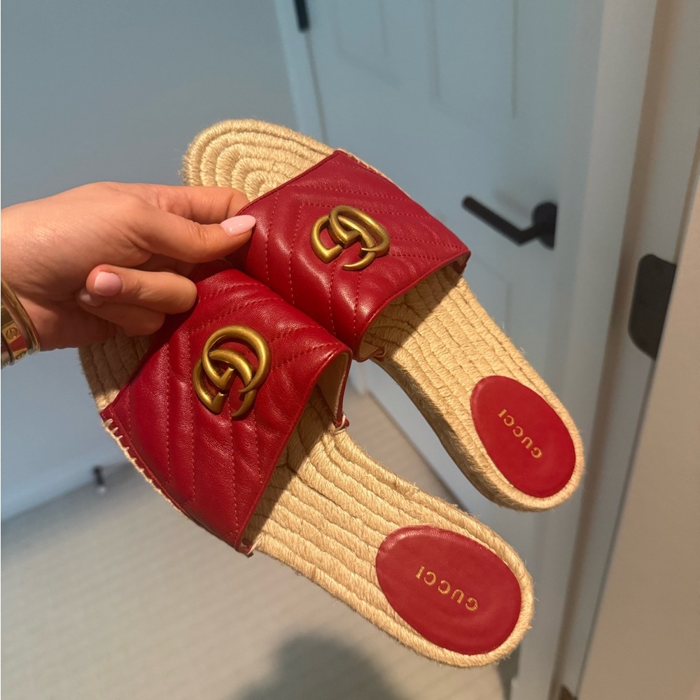 Gucci Red Quilted Leather Slide Mules with Gold Double G